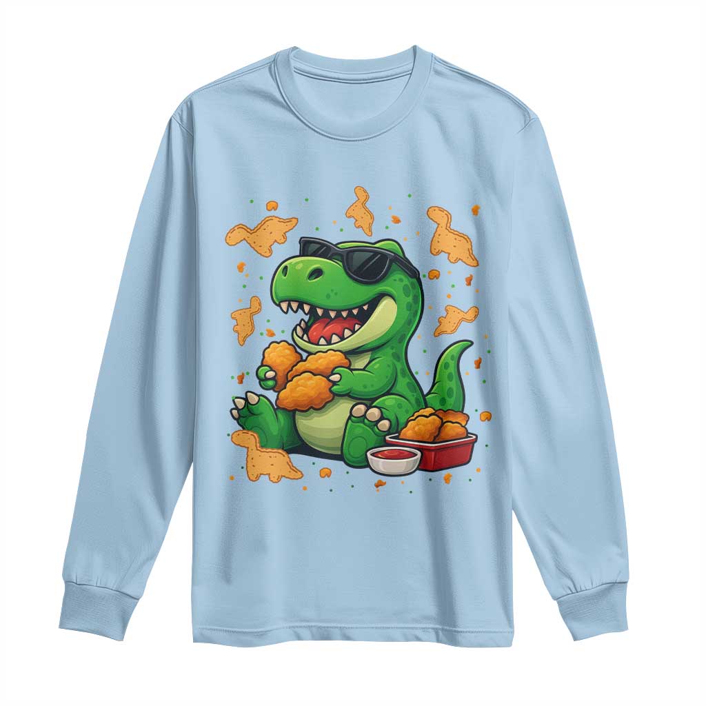 Funny Dinosaur Eating Chicken Nuggets Long Sleeve Shirt Food Lover Gift TS12 Light Blue Print Your Wear
