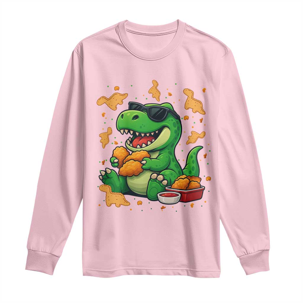 Funny Dinosaur Eating Chicken Nuggets Long Sleeve Shirt Food Lover Gift TS12 Light Pink Print Your Wear