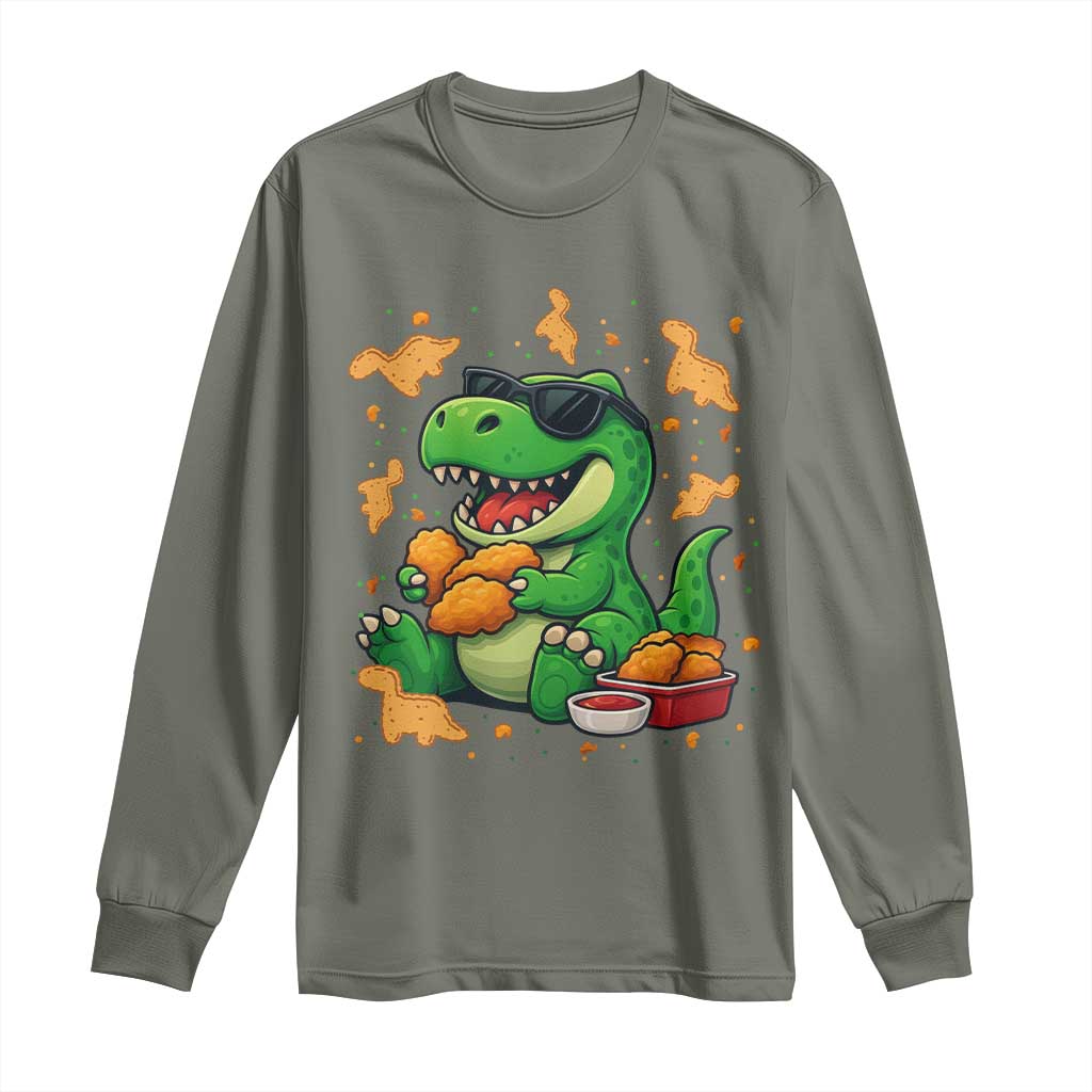 Funny Dinosaur Eating Chicken Nuggets Long Sleeve Shirt Food Lover Gift TS12 Military Green Print Your Wear