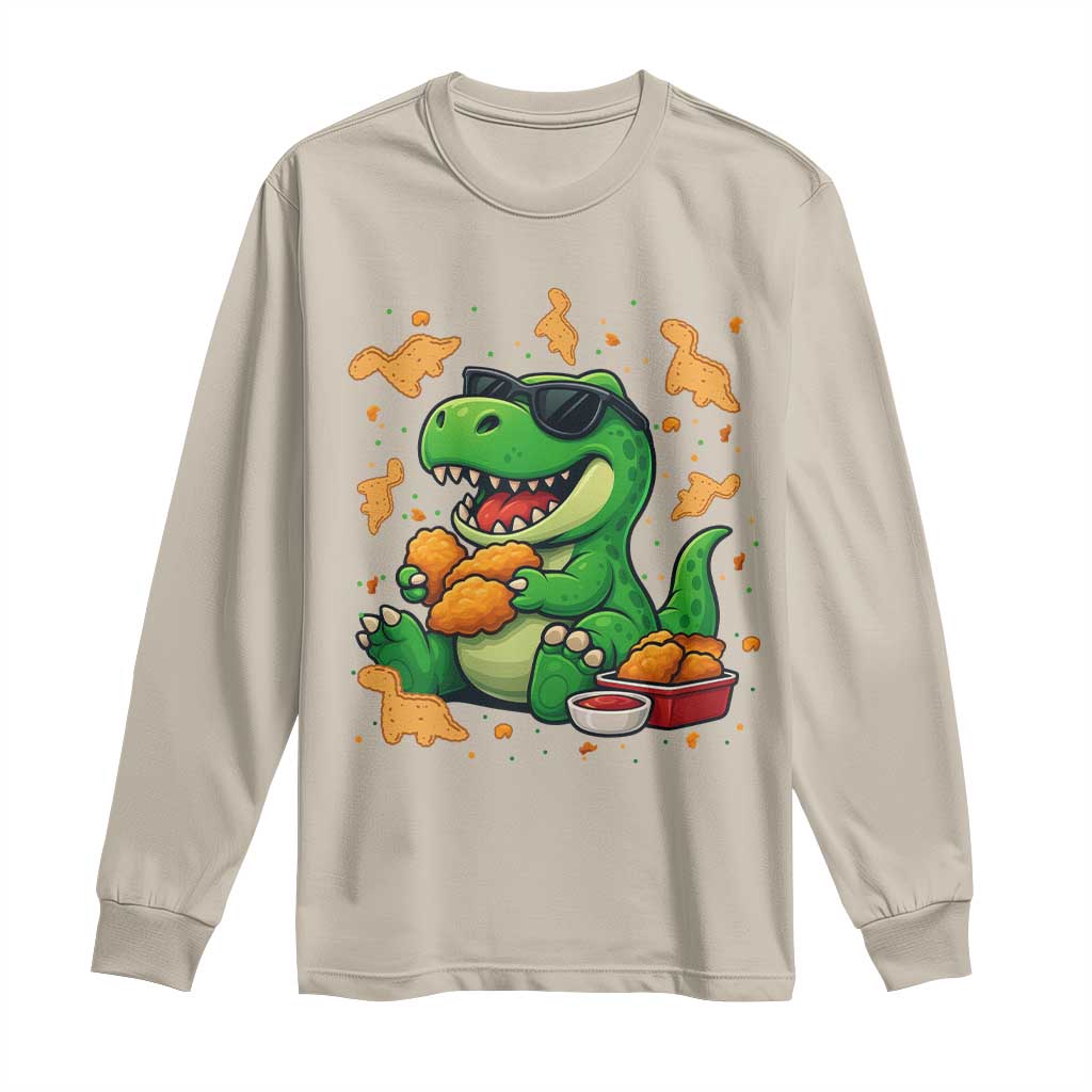 Funny Dinosaur Eating Chicken Nuggets Long Sleeve Shirt Food Lover Gift TS12 Sand Print Your Wear