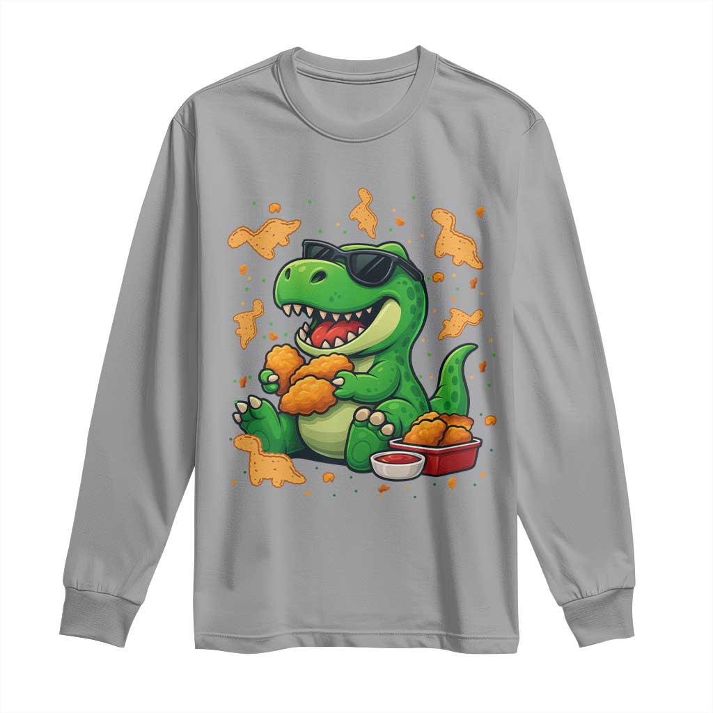 Funny Dinosaur Eating Chicken Nuggets Long Sleeve Shirt Food Lover Gift TS12 Sport Gray Print Your Wear