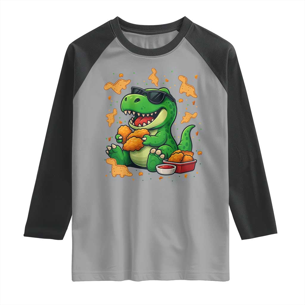 Funny Dinosaur Eating Chicken Nuggets Raglan Shirt Food Lover Gift TS12 Sport Gray Black Print Your Wear