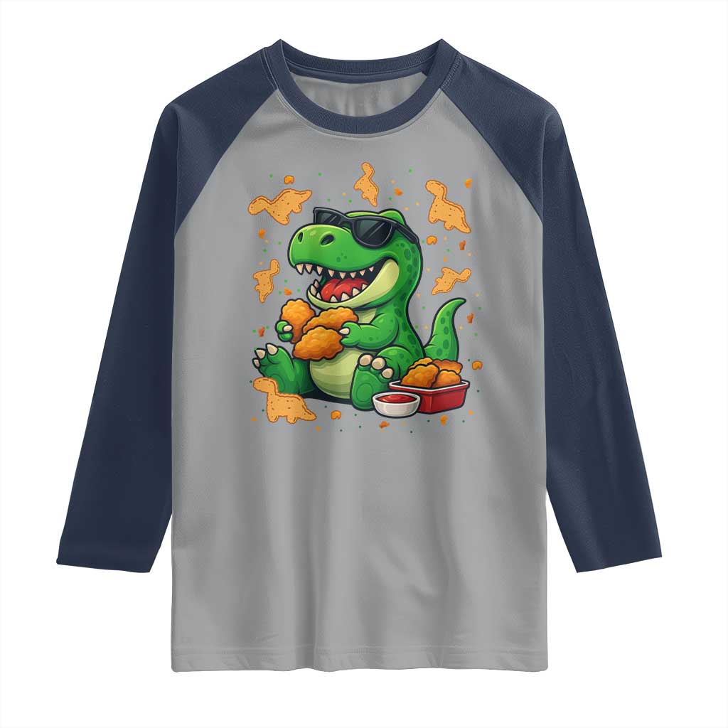Funny Dinosaur Eating Chicken Nuggets Raglan Shirt Food Lover Gift TS12 Sport Gray Navy Print Your Wear