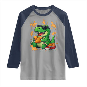 Funny Dinosaur Eating Chicken Nuggets Raglan Shirt Food Lover Gift TS12 Sport Gray Navy Print Your Wear