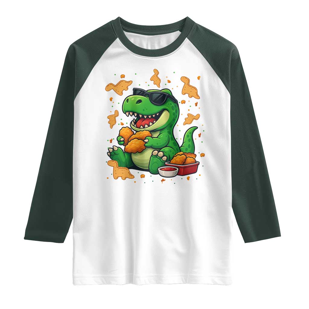 Funny Dinosaur Eating Chicken Nuggets Raglan Shirt Food Lover Gift TS12 White Dark Forest Green Print Your Wear