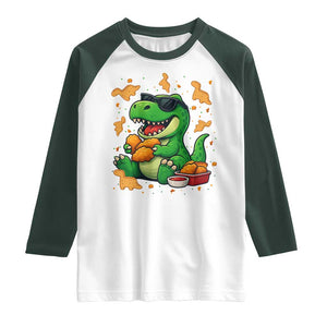 Funny Dinosaur Eating Chicken Nuggets Raglan Shirt Food Lover Gift TS12 White Dark Forest Green Print Your Wear
