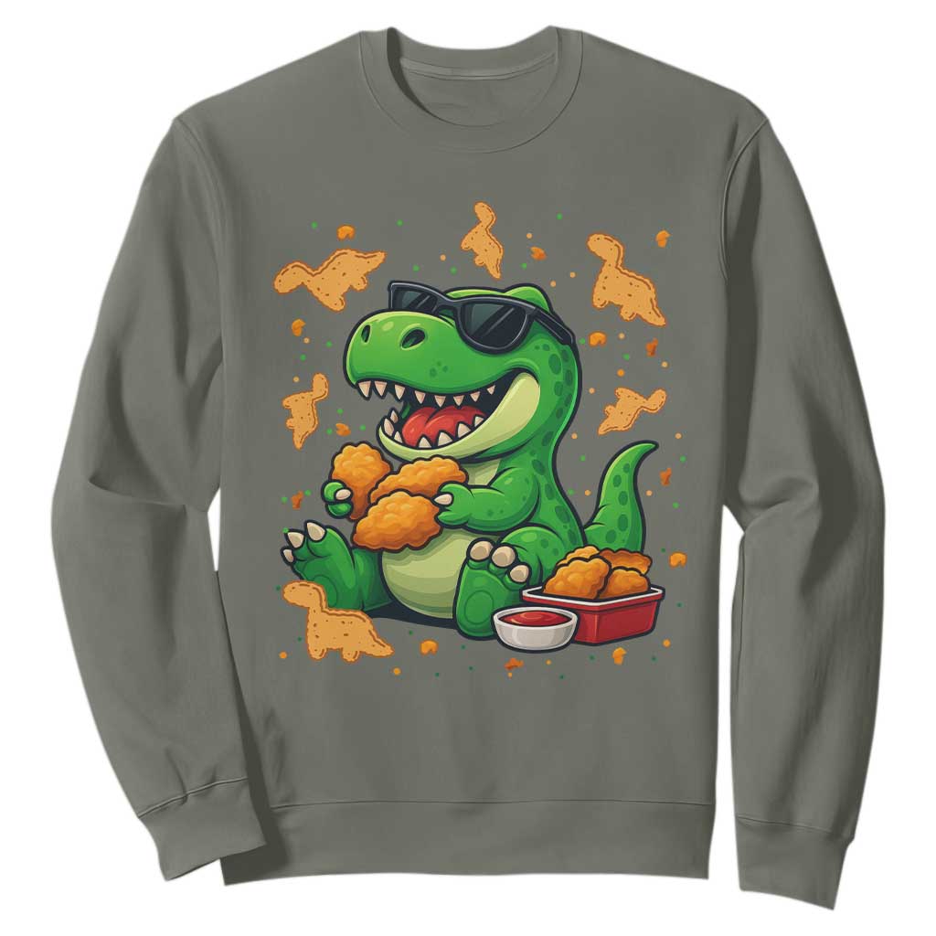 Funny Dinosaur Eating Chicken Nuggets Sweatshirt Food Lover Gift TS12 Military Green Print Your Wear