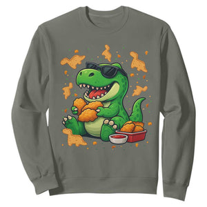Funny Dinosaur Eating Chicken Nuggets Sweatshirt Food Lover Gift TS12 Military Green Print Your Wear
