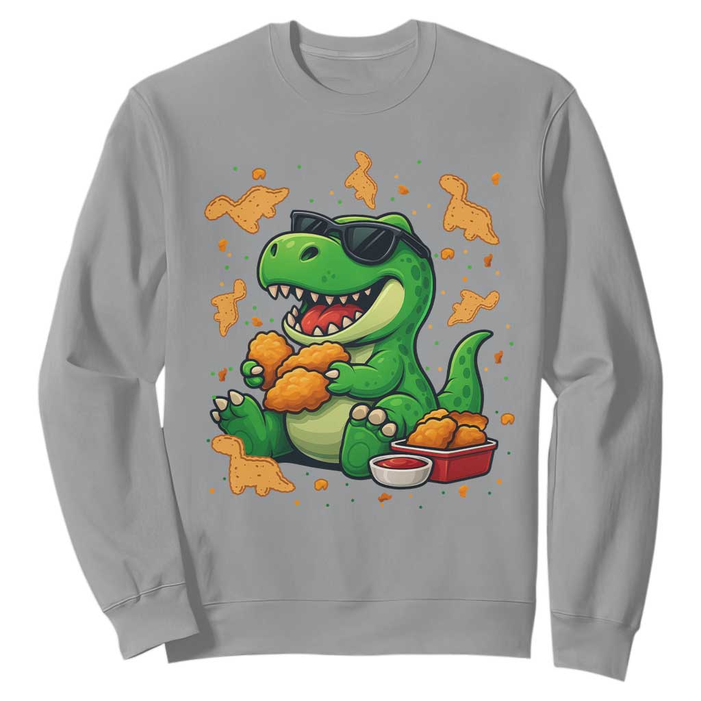 Funny Dinosaur Eating Chicken Nuggets Sweatshirt Food Lover Gift TS12 Sport Gray Print Your Wear