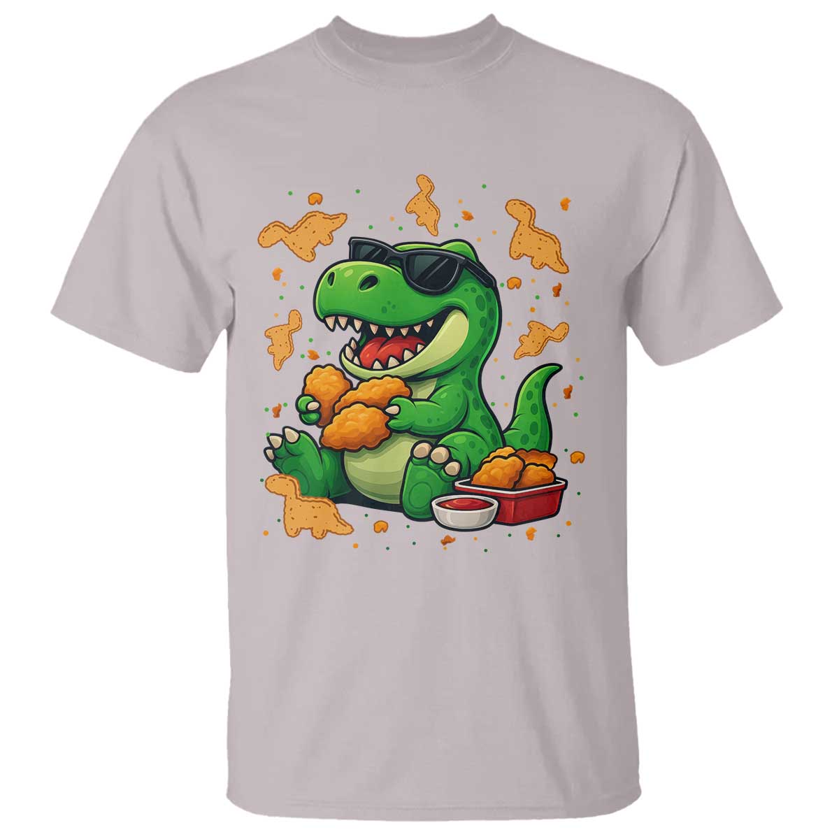 Funny Dinosaur Eating Chicken Nuggets T Shirt Food Lover Gift TS12 Ice Gray Print Your Wear