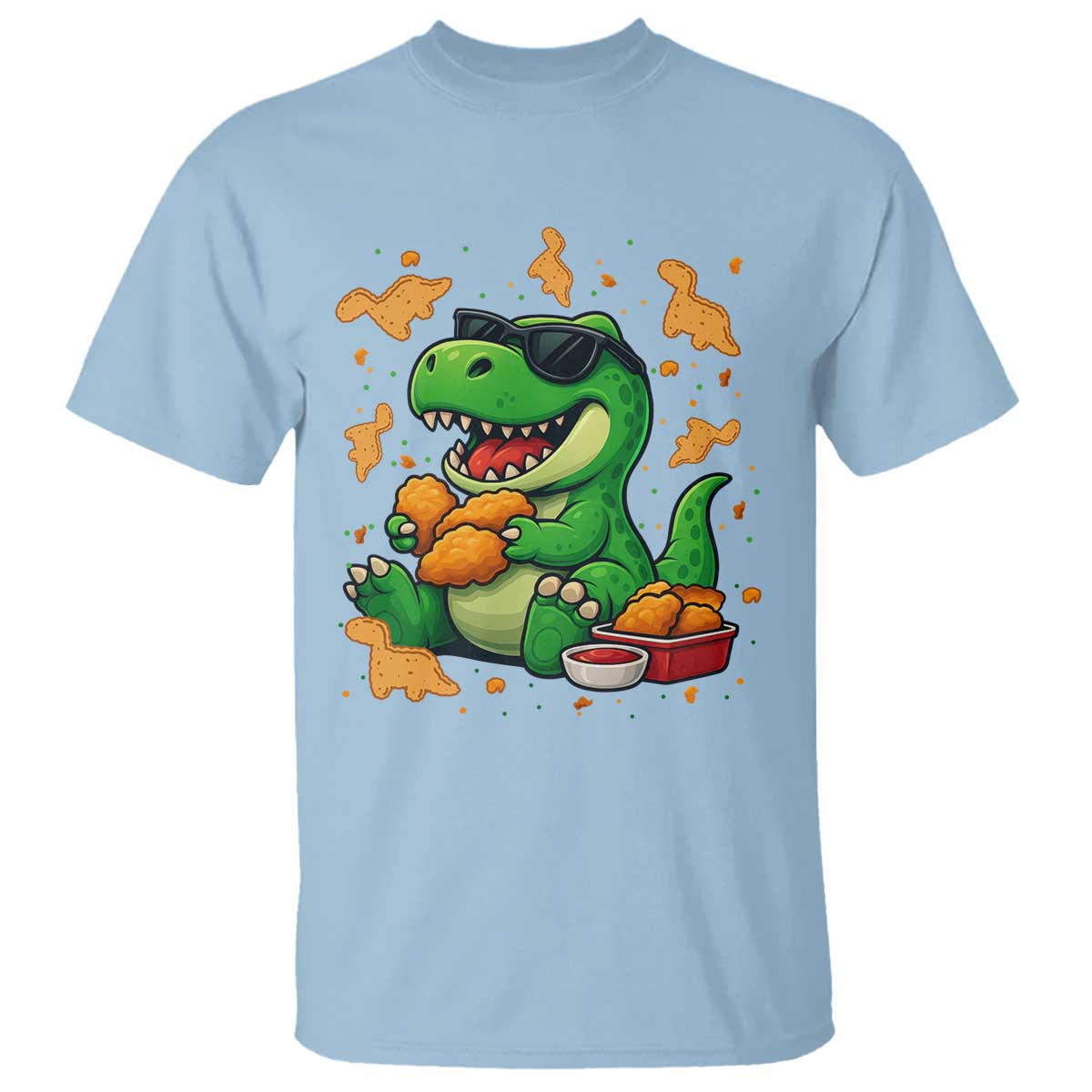 Funny Dinosaur Eating Chicken Nuggets T Shirt Food Lover Gift TS12 Light Blue Print Your Wear