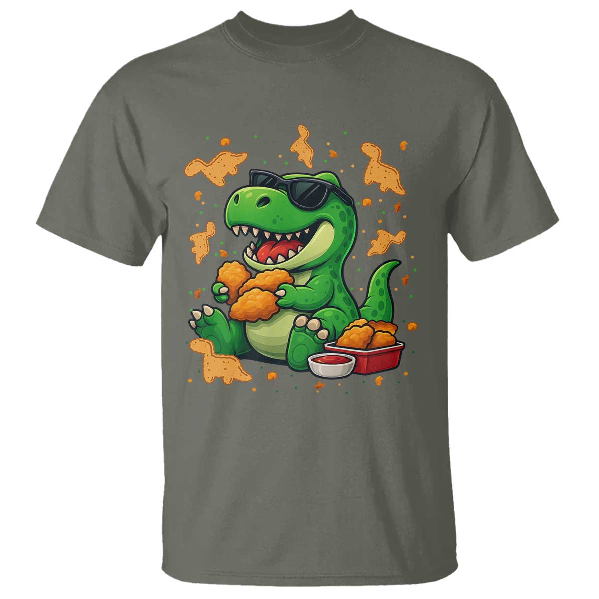 Funny Dinosaur Eating Chicken Nuggets T Shirt Food Lover Gift TS12 Military Green Print Your Wear