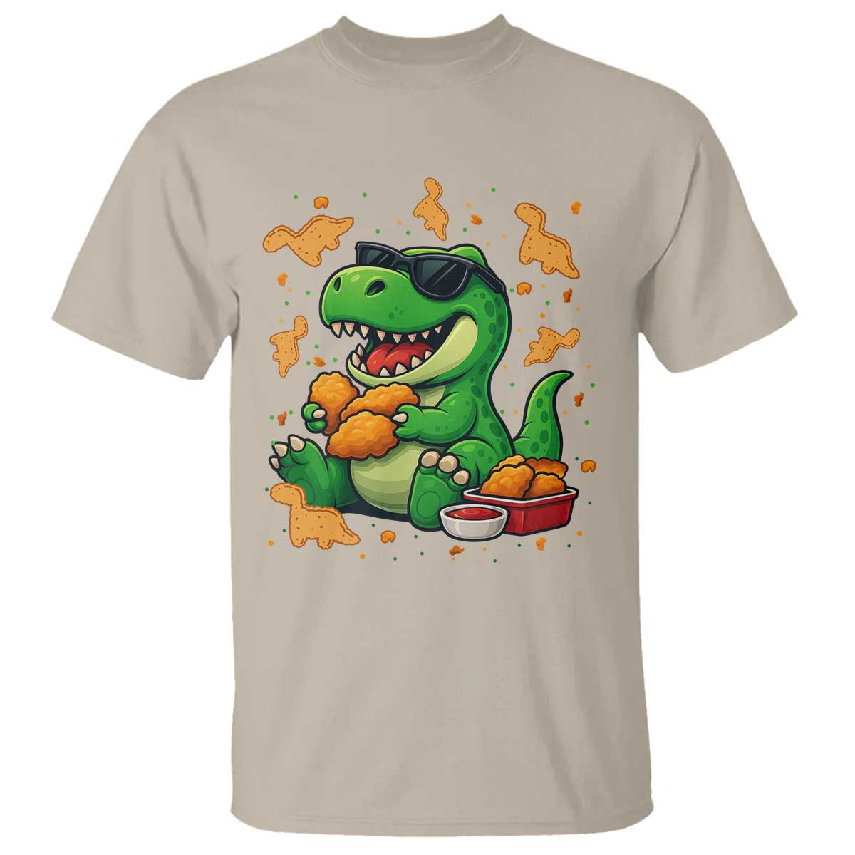 Funny Dinosaur Eating Chicken Nuggets T Shirt Food Lover Gift TS12 Sand Print Your Wear