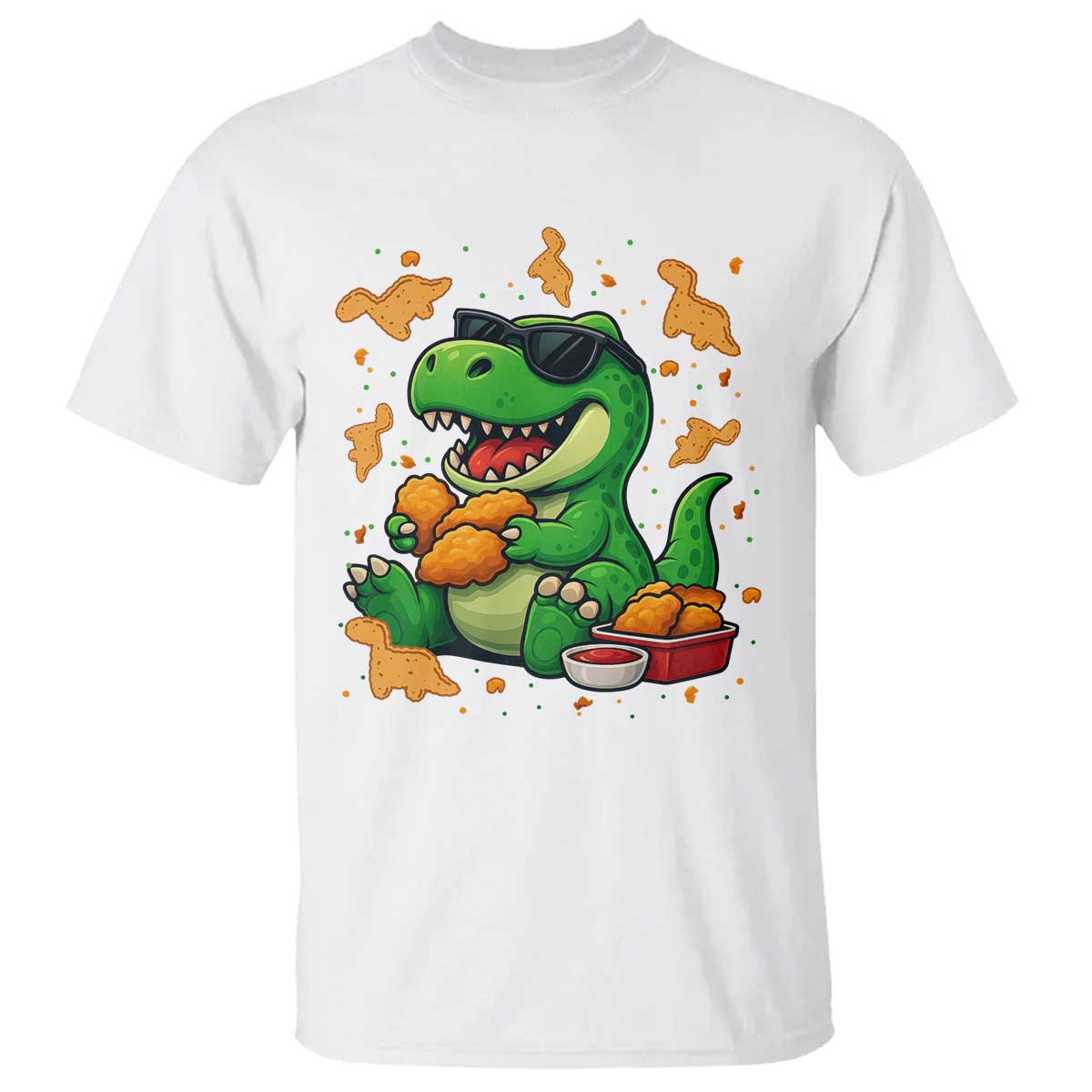 Funny Dinosaur Eating Chicken Nuggets T Shirt Food Lover Gift TS12 White Print Your Wear