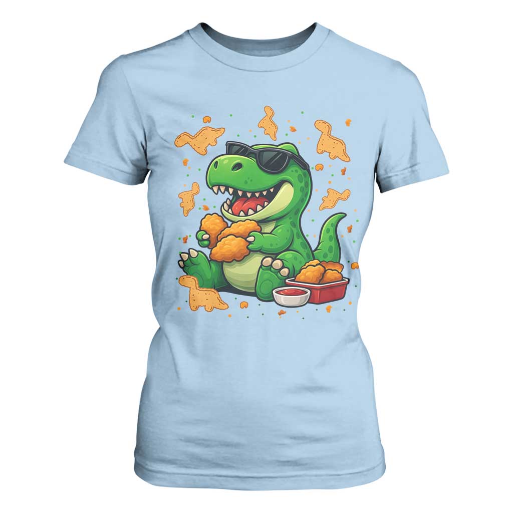 Funny Dinosaur Eating Chicken Nuggets T Shirt For Women Food Lover Gift TS12 Light Blue Print Your Wear