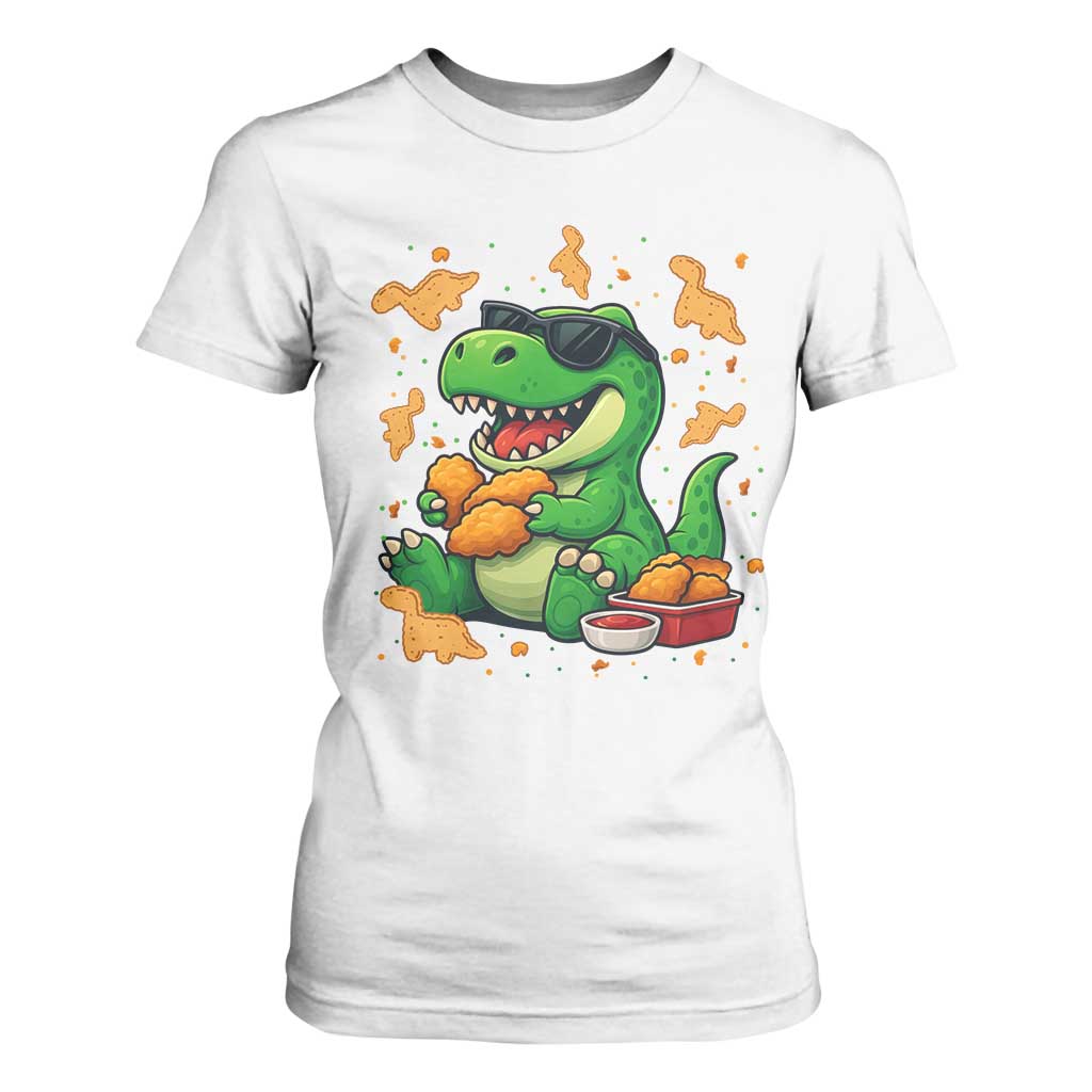 Funny Dinosaur Eating Chicken Nuggets T Shirt For Women Food Lover Gift TS12 White Print Your Wear