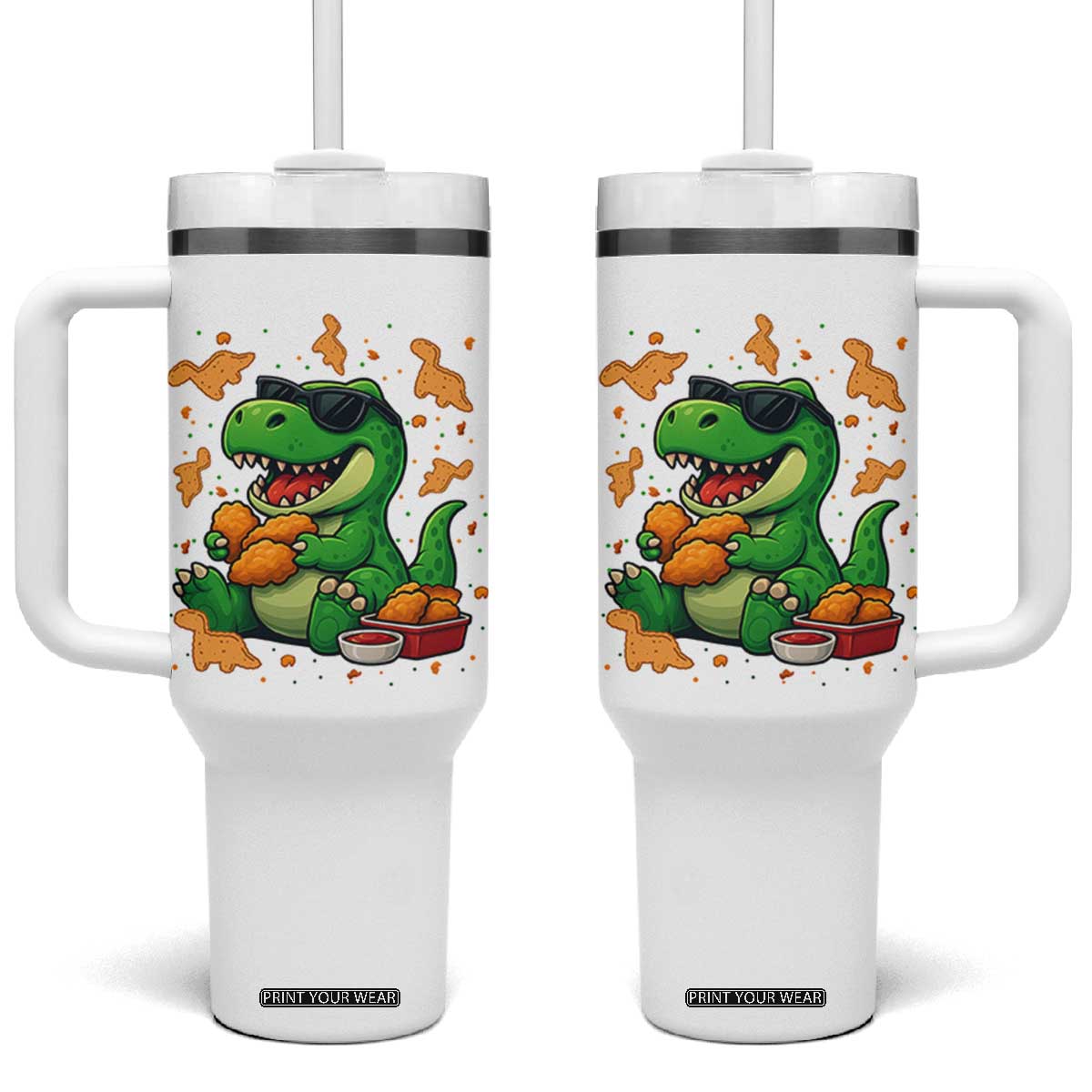 Funny Dinosaur Eating Chicken Nuggets Tumbler With Handle Food Lover Gift TS12 One Size: 40 oz White Print Your Wear