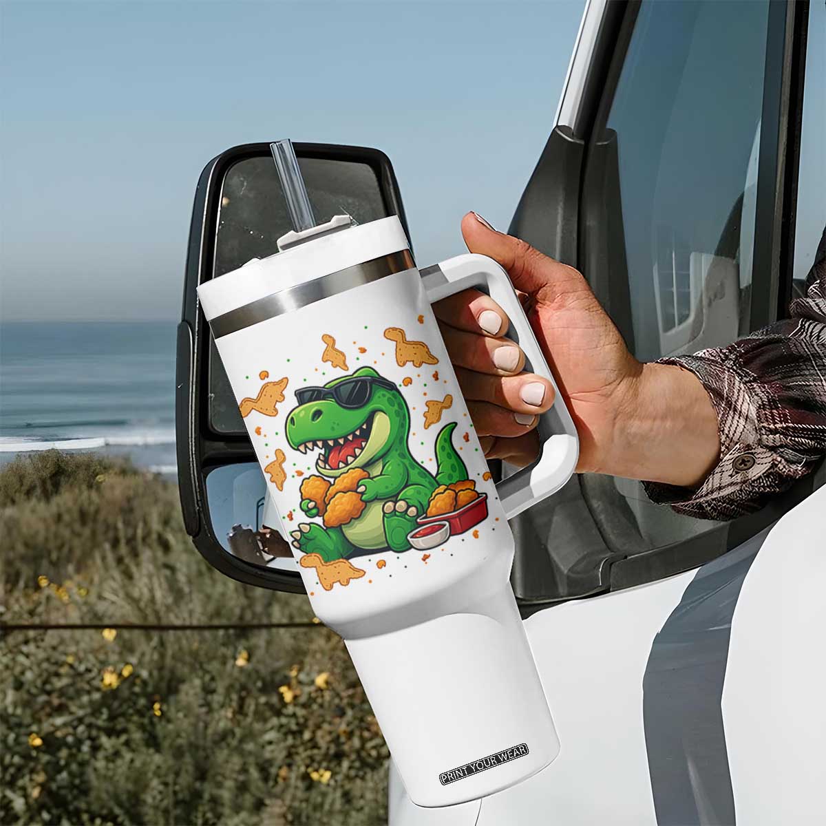 Funny Dinosaur Eating Chicken Nuggets Tumbler With Handle Food Lover Gift TS12 Print Your Wear