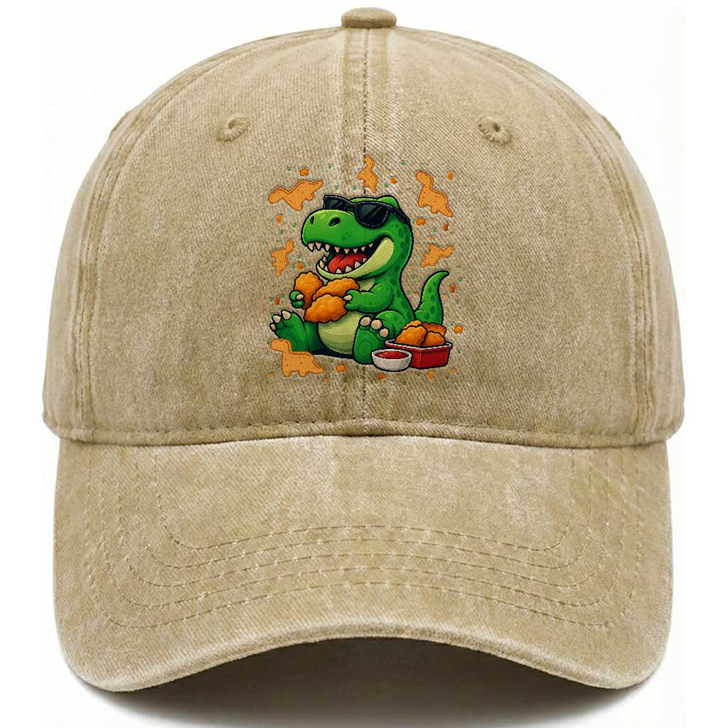 Funny Dinosaur Eating Chicken Nuggets Washed Cotton Baseball Cap Food Lover Gift TS12 Print Your Wear