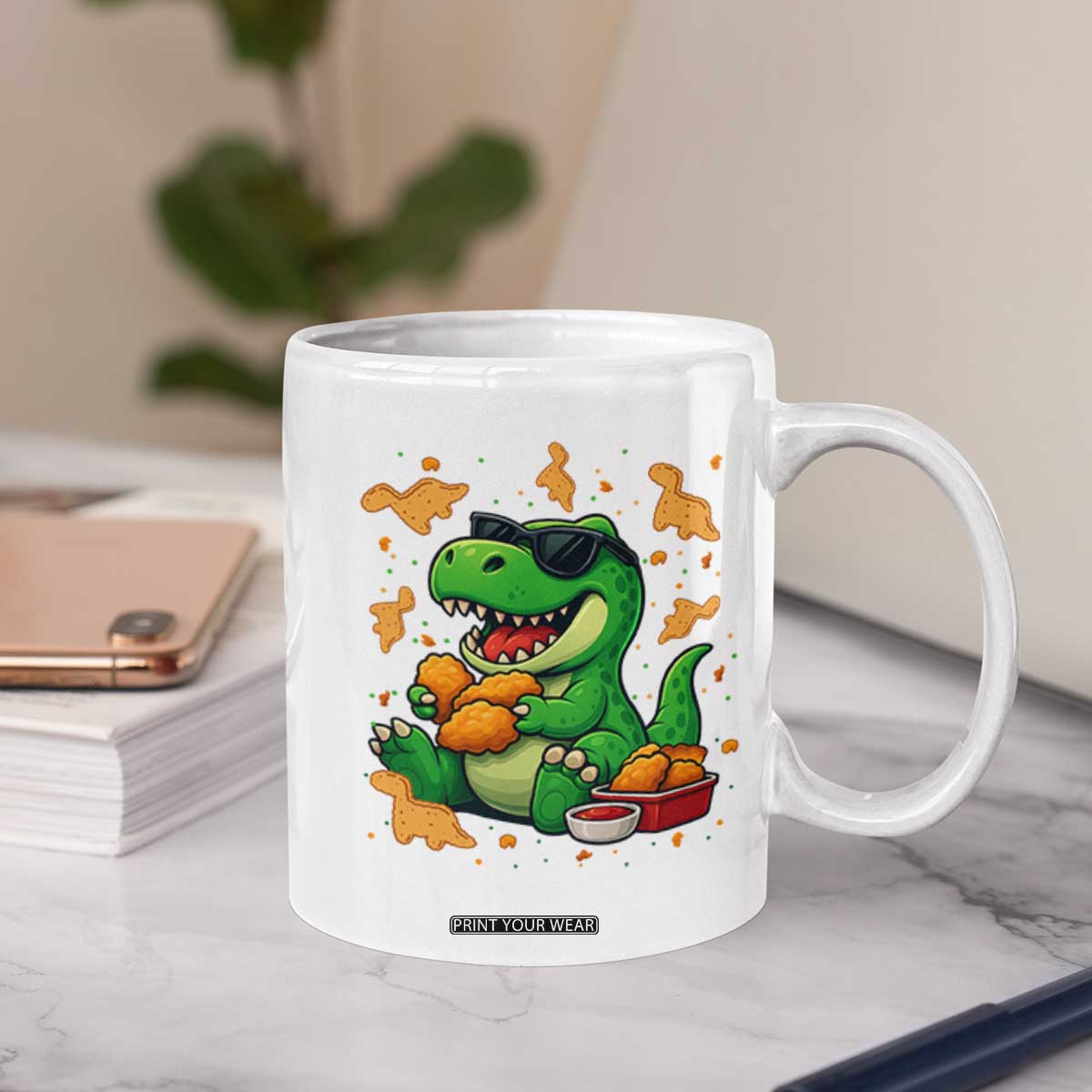 Funny Dinosaur Eating Chicken Nuggets Coffee Mug Food Lover Gift TS12 Print Your Wear