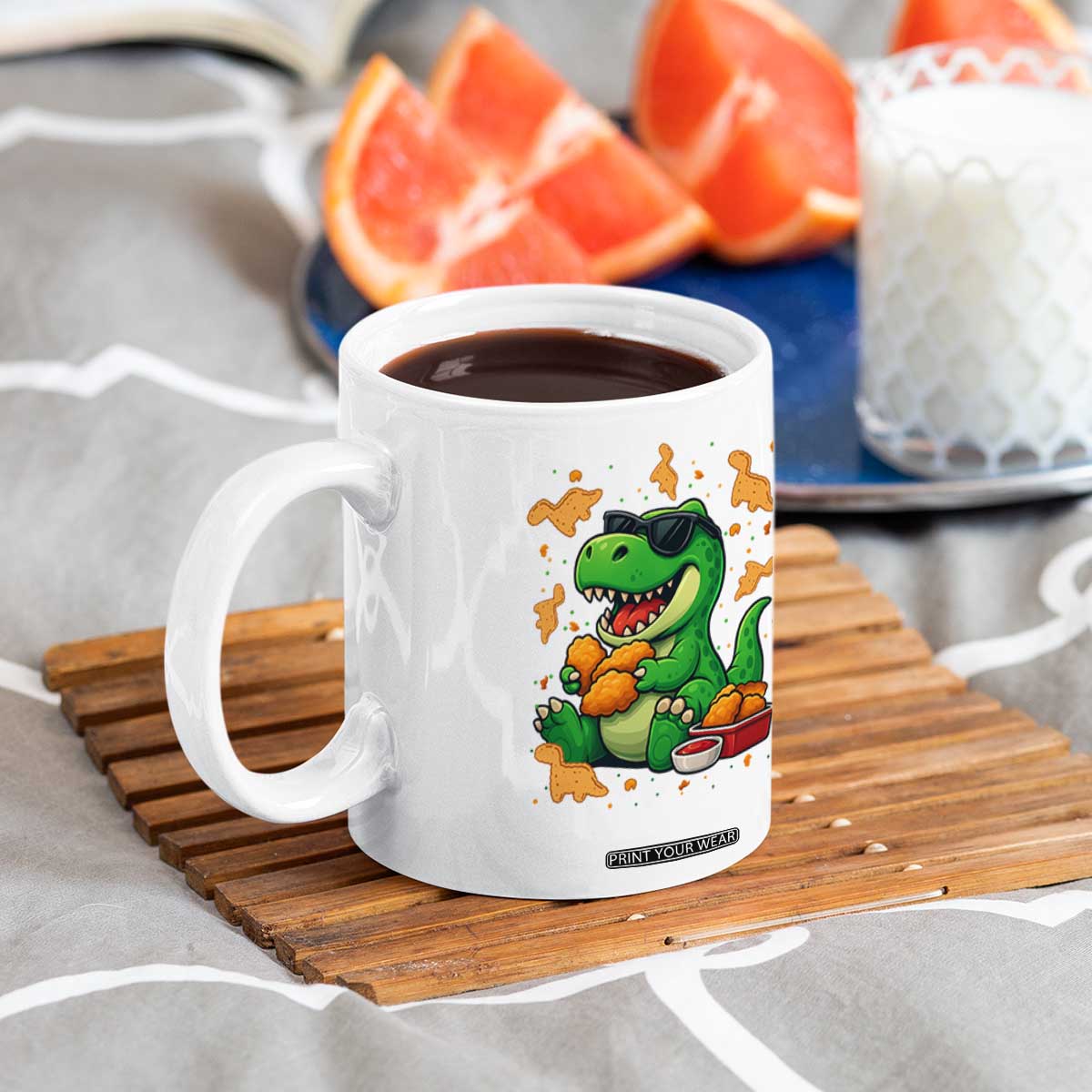 Funny Dinosaur Eating Chicken Nuggets Coffee Mug Food Lover Gift TS12 Print Your Wear