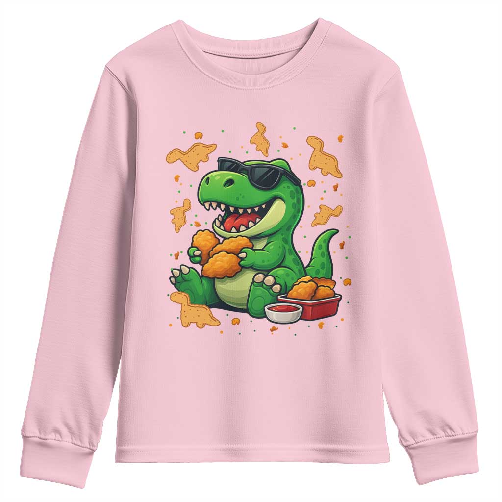 Funny Dinosaur Eating Chicken Nuggets Youth Sweatshirt Food Lover Gift TS12 Light Pink Print Your Wear