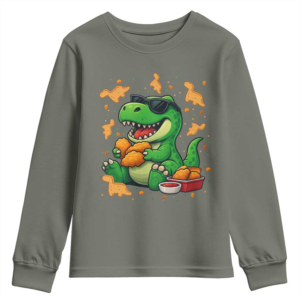 Funny Dinosaur Eating Chicken Nuggets Youth Sweatshirt Food Lover Gift TS12 Military Green Print Your Wear