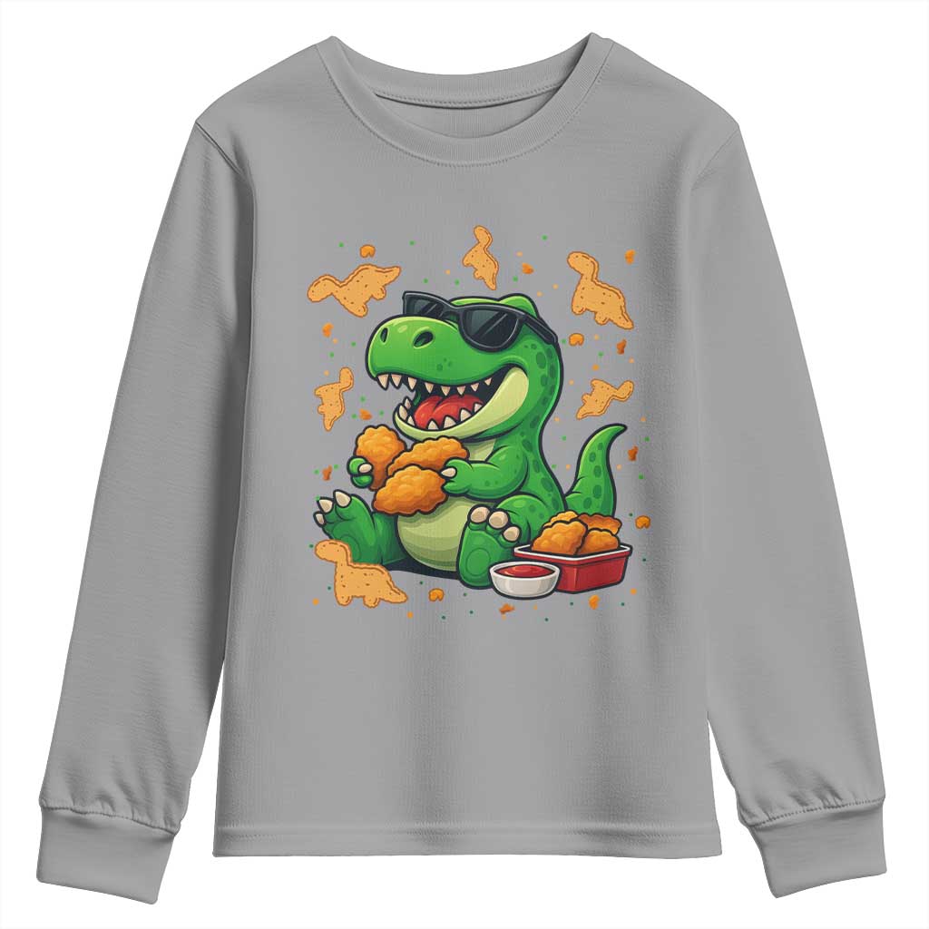 Funny Dinosaur Eating Chicken Nuggets Youth Sweatshirt Food Lover Gift TS12 Sport Gray Print Your Wear