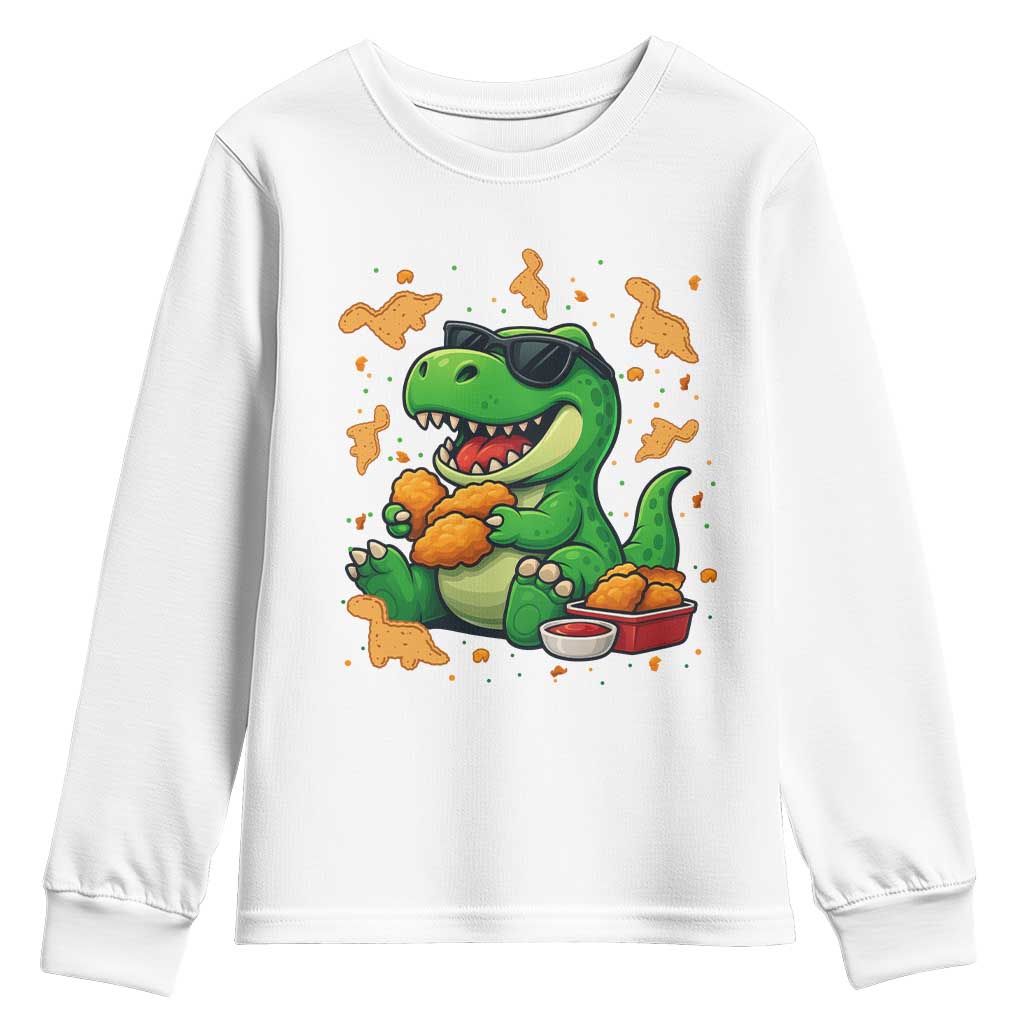 Funny Dinosaur Eating Chicken Nuggets Youth Sweatshirt Food Lover Gift TS12 White Print Your Wear