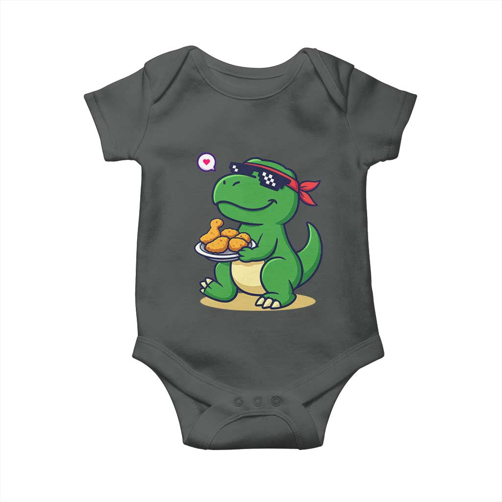 Cute Dinosaur Eating Chicken Nuggets Baby Onesie Food Humor Gift TS12 Dark Heather Print Your Wear