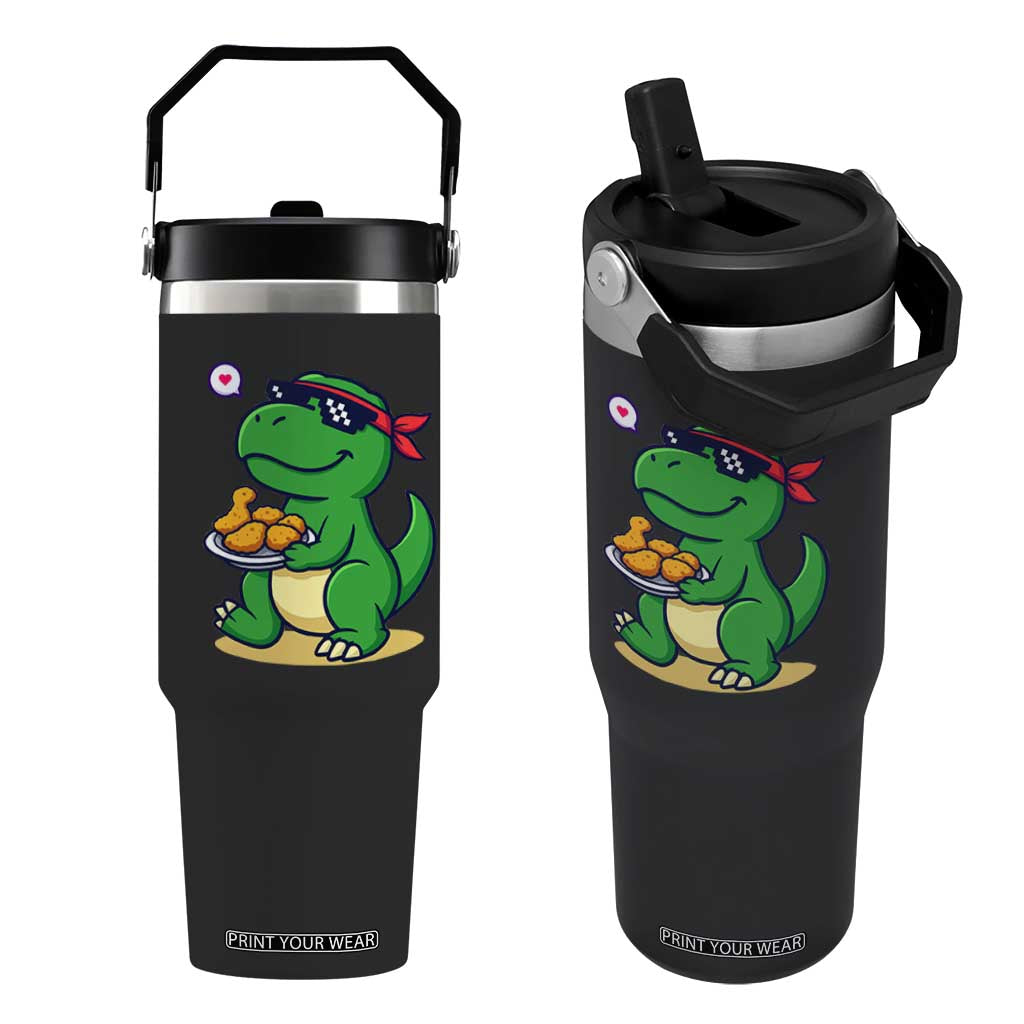 Cute Dinosaur Eating Chicken Nuggets Flip Straw Tumbler Food Humor Gift TS12 One Size: 30 oz Black Print Your Wear