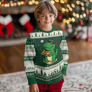 Cute Dinosaur Eating Chicken Nuggets Ugly Christmas Sweater Food Humor Gift TS12 Forest Green Beige Print Your Wear