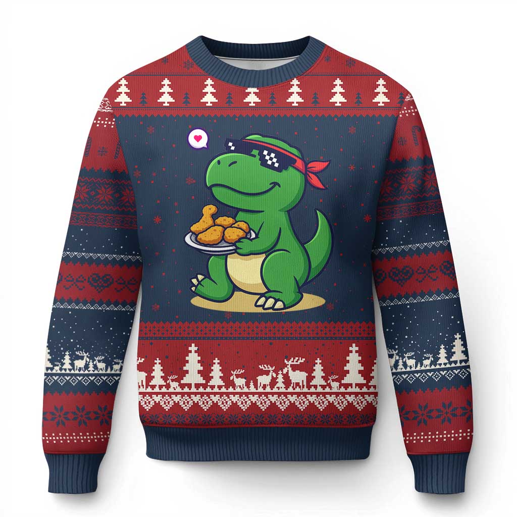 Cute Dinosaur Eating Chicken Nuggets Ugly Christmas Sweater Food Humor Gift TS12 Navy Red Print Your Wear