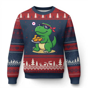 Cute Dinosaur Eating Chicken Nuggets Ugly Christmas Sweater Food Humor Gift TS12 Navy Red Print Your Wear