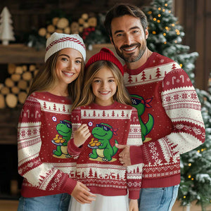 Cute Dinosaur Eating Chicken Nuggets Ugly Christmas Sweater Food Humor Gift TS12 Red Beige Print Your Wear
