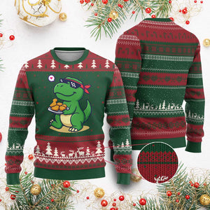 Cute Dinosaur Eating Chicken Nuggets Ugly Christmas Sweater Food Humor Gift TS12 Red Green Print Your Wear