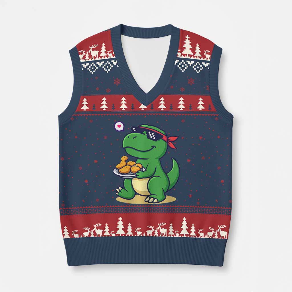 Cute Dinosaur Eating Chicken Nuggets V-Neck Knit Sweater Vest Food Humor Gift TS12 Navy Red Print Your Wear