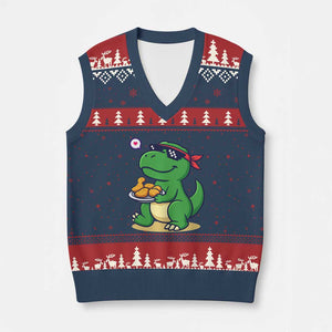 Cute Dinosaur Eating Chicken Nuggets V-Neck Knit Sweater Vest Food Humor Gift TS12 Navy Red Print Your Wear