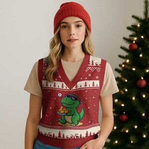 Cute Dinosaur Eating Chicken Nuggets V-Neck Knit Sweater Vest Food Humor Gift TS12 Red Beige Print Your Wear