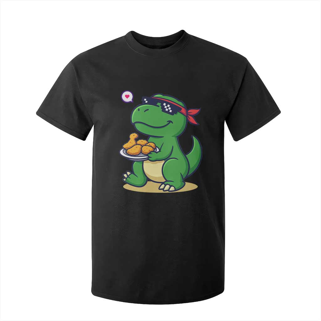 Cute Dinosaur Eating Chicken Nuggets T Shirt For Kid Food Humor Gift TS12 Black Print Your Wear