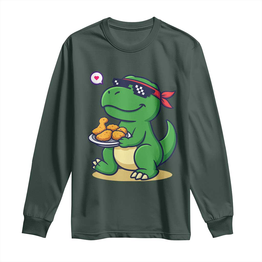 Cute Dinosaur Eating Chicken Nuggets Long Sleeve Shirt Food Humor Gift TS12 Dark Forest Green Print Your Wear