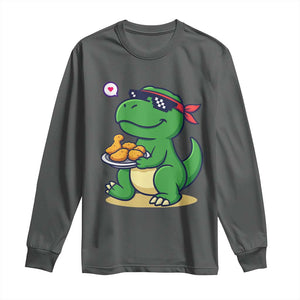 Cute Dinosaur Eating Chicken Nuggets Long Sleeve Shirt Food Humor Gift TS12 Dark Heather Print Your Wear