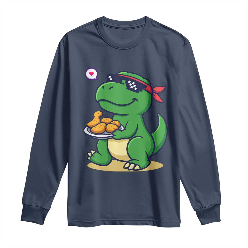 Cute Dinosaur Eating Chicken Nuggets Long Sleeve Shirt Food Humor Gift TS12 Navy Print Your Wear