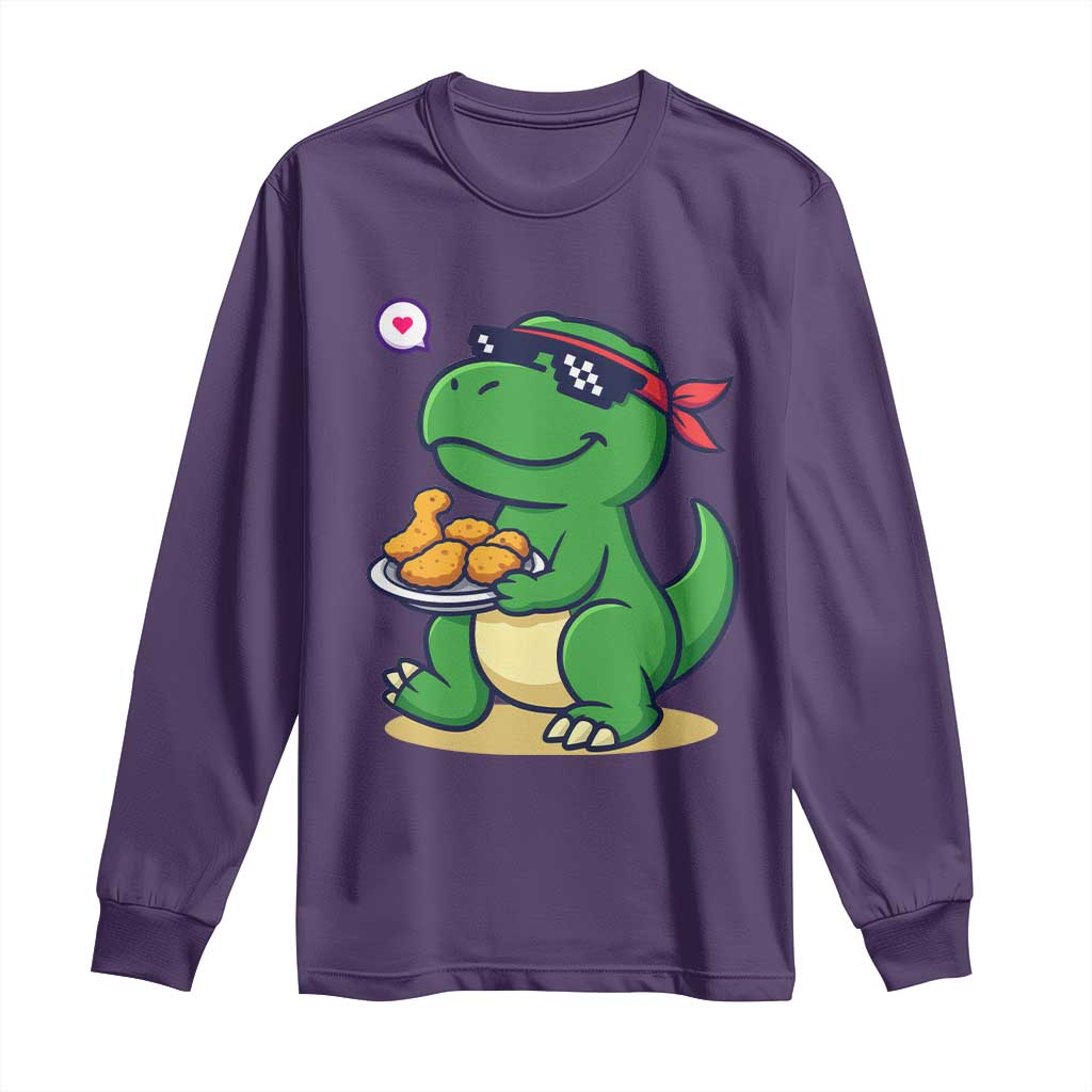 Cute Dinosaur Eating Chicken Nuggets Long Sleeve Shirt Food Humor Gift TS12 Purple Print Your Wear
