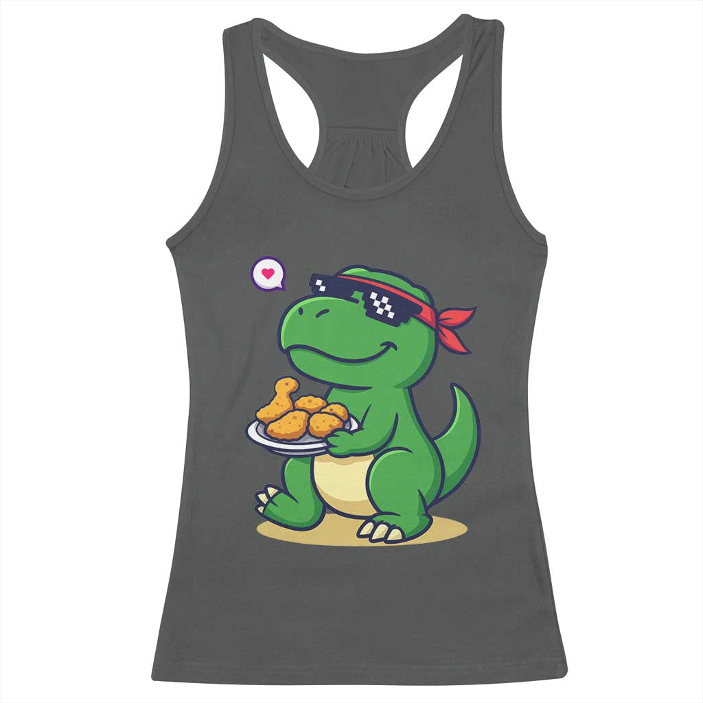 Cute Dinosaur Eating Chicken Nuggets Racerback Tank Top Food Humor Gift TS12 Dark Heather Print Your Wear
