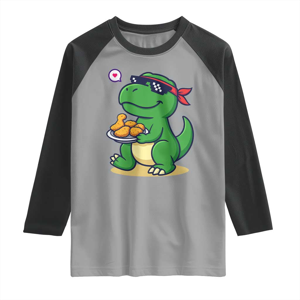 Cute Dinosaur Eating Chicken Nuggets Raglan Shirt Food Humor Gift TS12 Sport Gray Black Print Your Wear