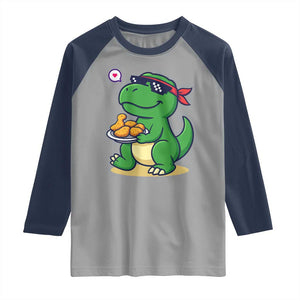 Cute Dinosaur Eating Chicken Nuggets Raglan Shirt Food Humor Gift TS12 Sport Gray Navy Print Your Wear