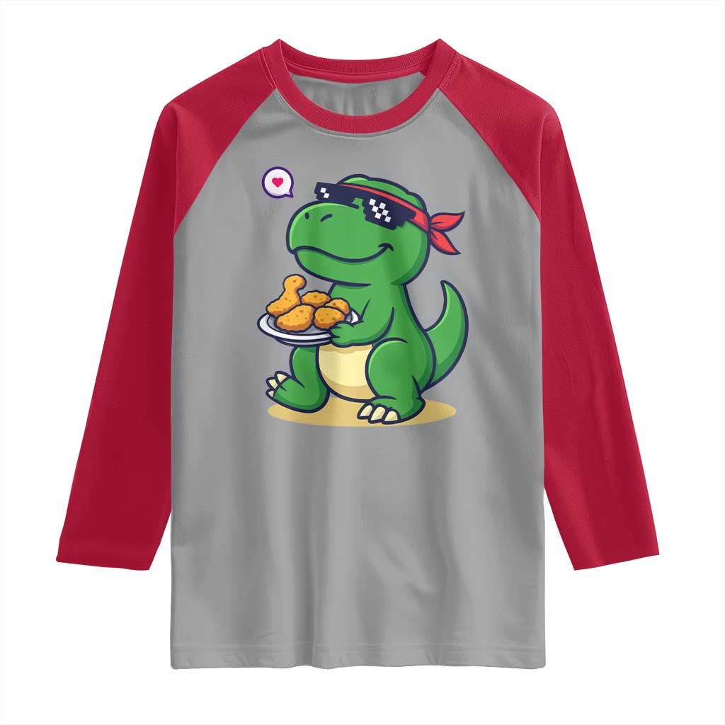 Cute Dinosaur Eating Chicken Nuggets Raglan Shirt Food Humor Gift TS12 Sport Gray Red Print Your Wear