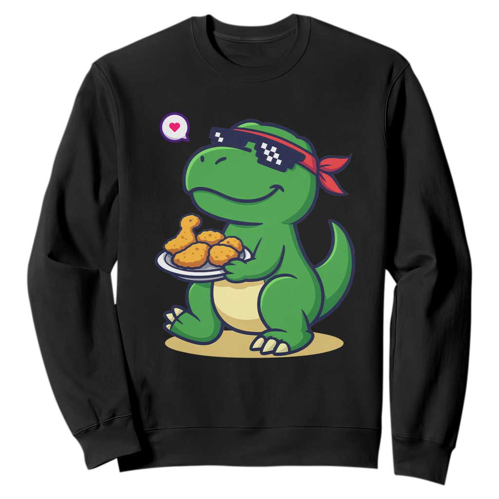Cute Dinosaur Eating Chicken Nuggets Sweatshirt Food Humor Gift TS12 Black Print Your Wear