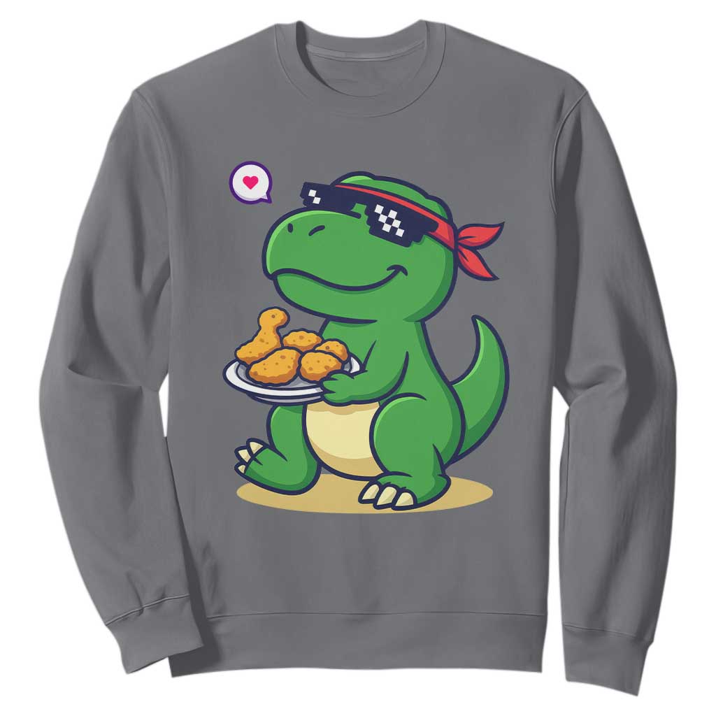 Cute Dinosaur Eating Chicken Nuggets Sweatshirt Food Humor Gift TS12 Charcoal Print Your Wear
